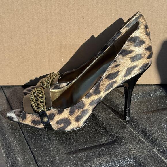 Guess Shoes Womens Size 8.5 Leopard Print Peep Toe Chain High Heel Dress Pumps - Picture 2 of 12